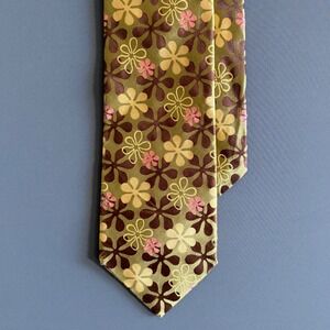 Ted Baker Silk Tie | 1960s Floral Flower Power | W 4" L 59" | Olive Brown Pink